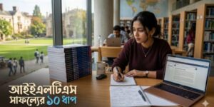 আইইএলটিএস পরীক্ষার প্রস্তুতি নিচ্ছেন একজন শিক্ষার্থী। তার সামনে ক্যামব্রিজ বই, ল্যাপটপে মক টেস্ট এবং টেবিলে প্রয়োজনীয় ম্যাটেরিয়ালস রাখা আছে, যা ভালো ব্যান্ড স্কোর পাওয়ার কৌশল নির্দেশ করছে।